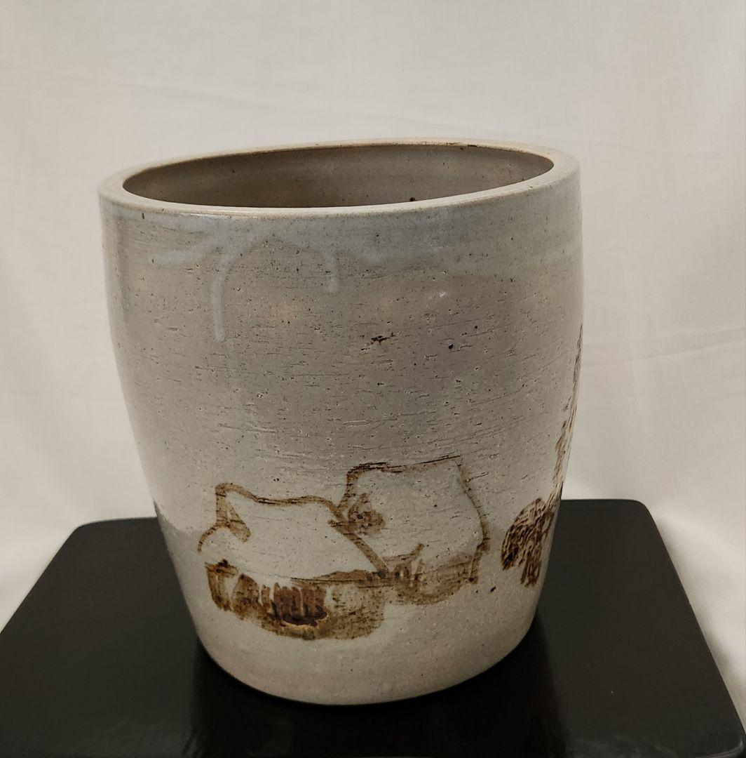 陶器 　大きめの火鉢　骨董　茅葺きの家　手描き