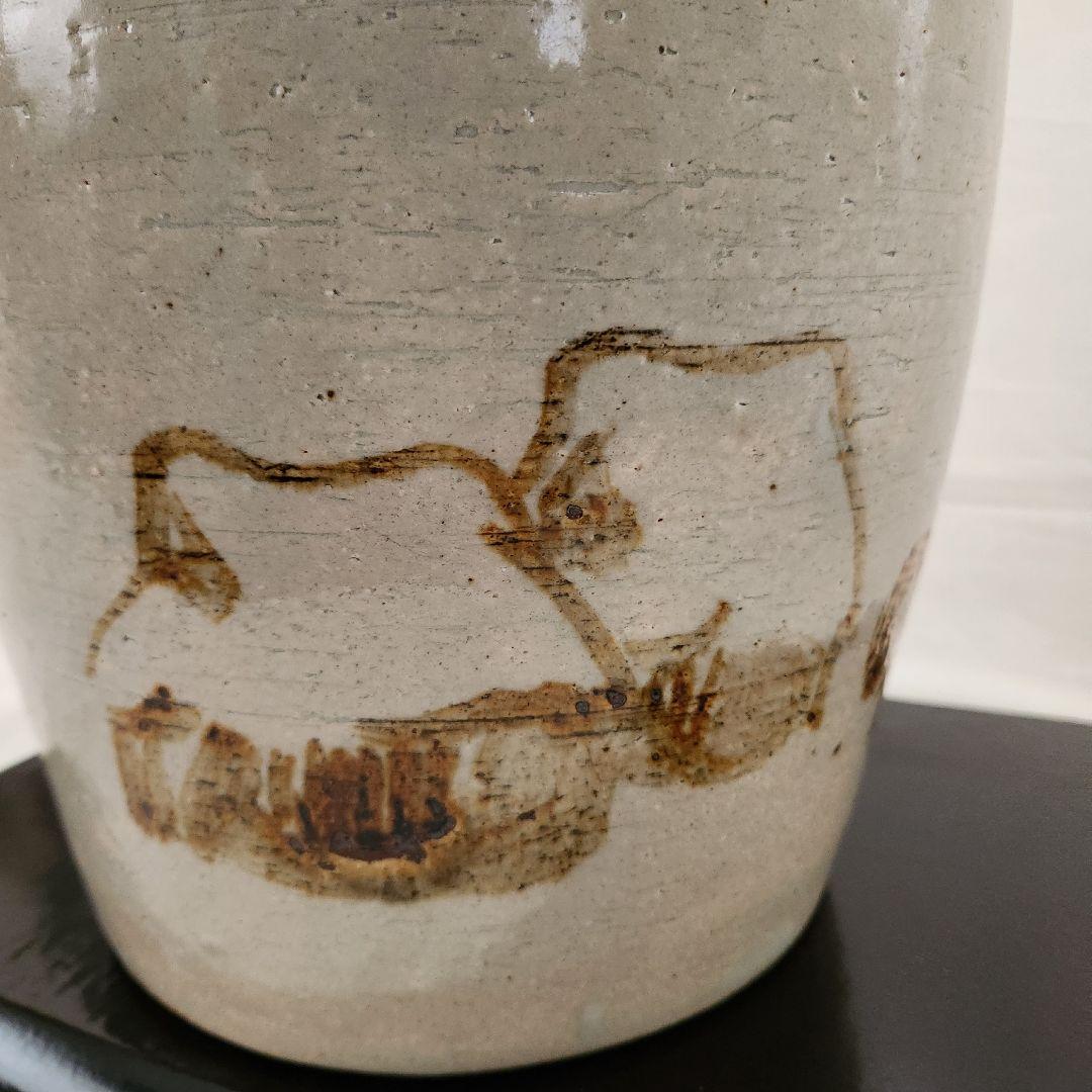 陶器 　大きめの火鉢　骨董　茅葺きの家　手描き