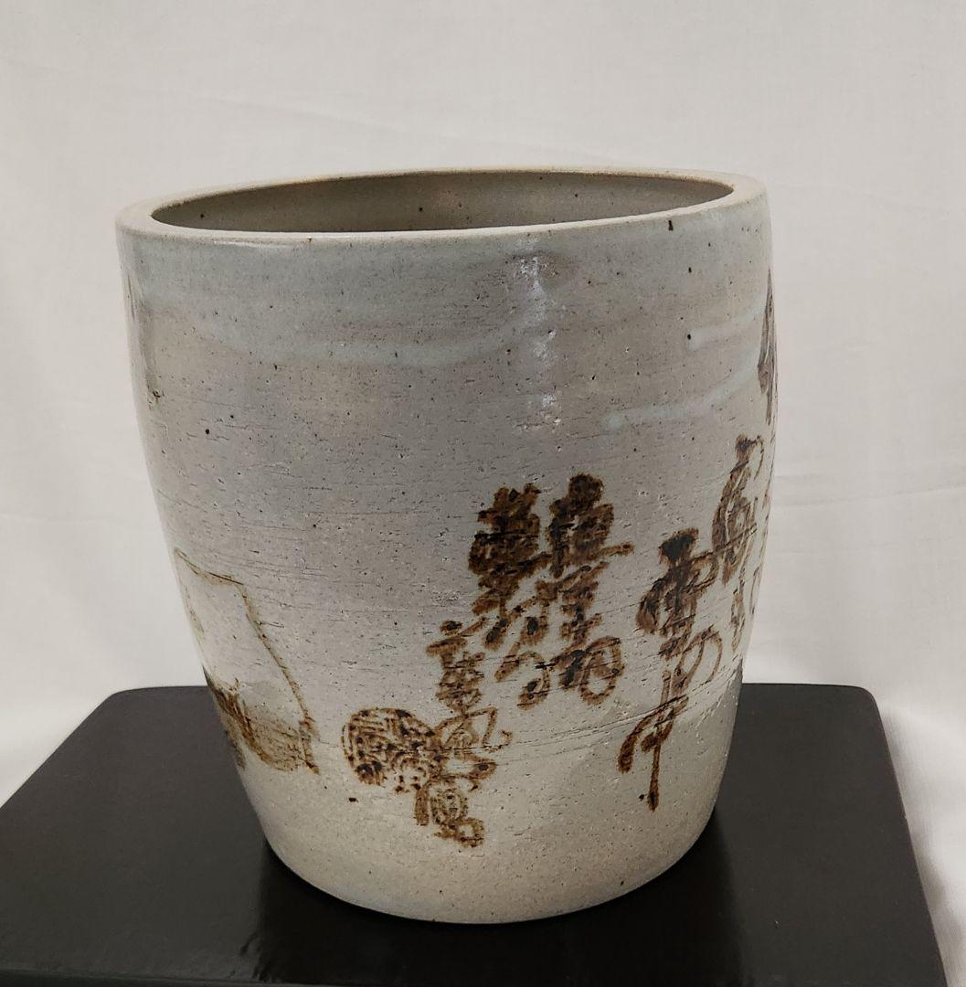 陶器 　大きめの火鉢　骨董　茅葺きの家　手描き