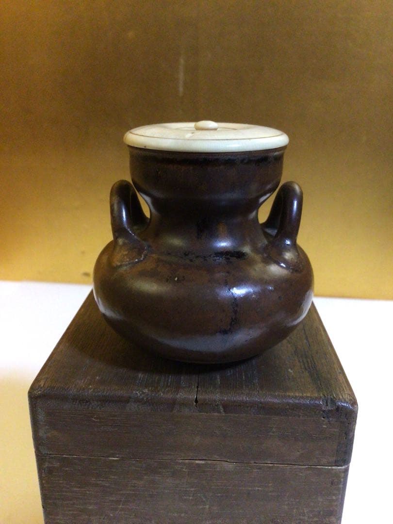 茶道具 耳付き茶入れ 時代合わせ木箱付き