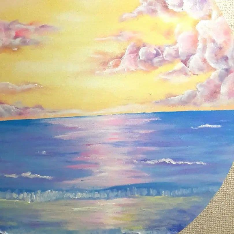 《溢れた願い》油絵 油彩画 海 風景画 直径40cm