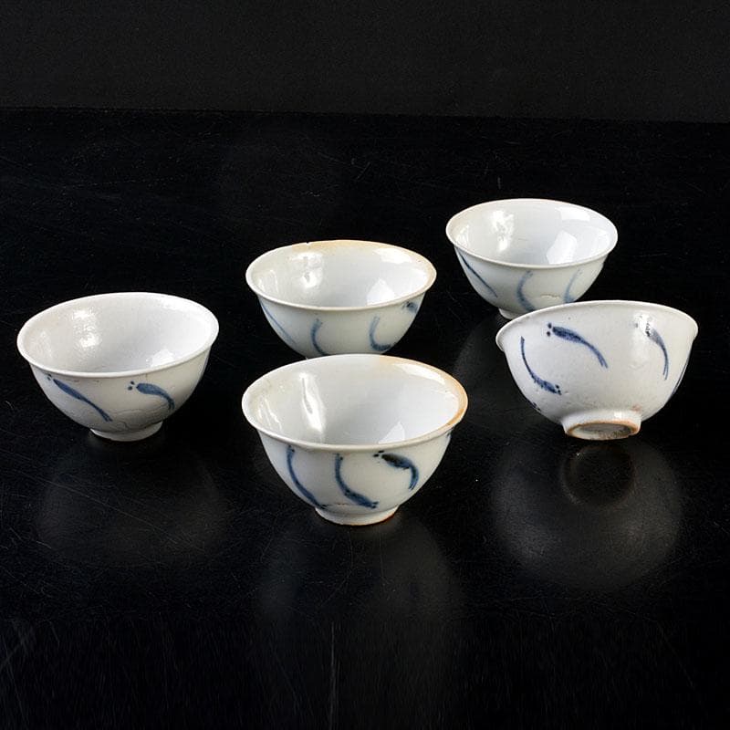 中国　南京染付　青花メダカ文煎茶碗　五客　M　6845