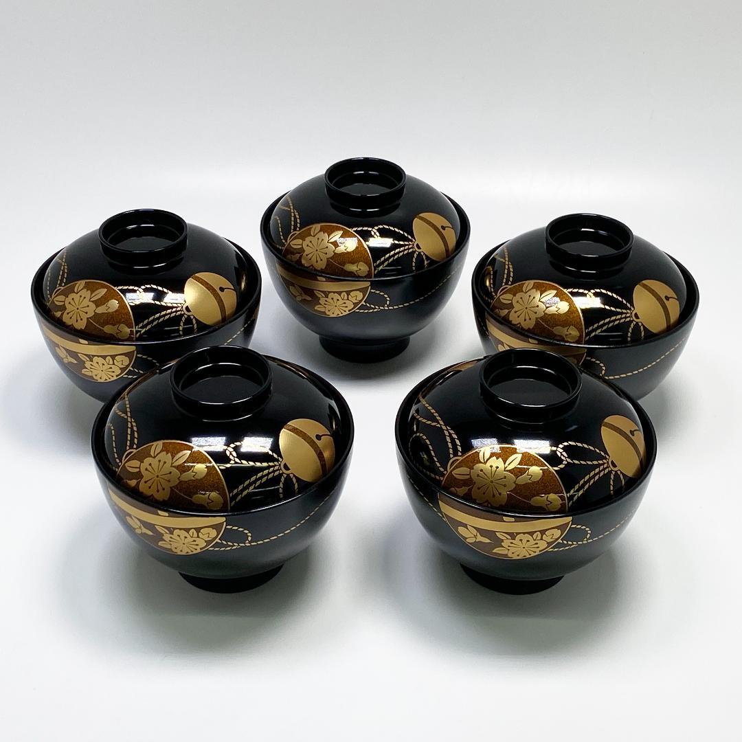 未使用 会津塗 乙造作 漆器 金彩 蒔絵 桜鈴紋 お吸物椀 5客 共箱