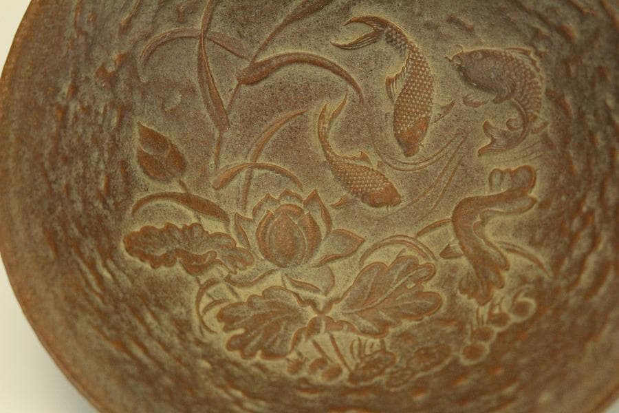 文房具 朱泥 魚紋 筆洗 匙 台付(LC981)