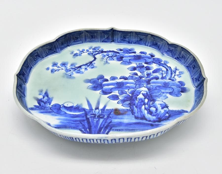 時代年代物 古伊万里 染付 変形皿 花鳥図 仕覆 合わせ箱 有田焼 伊万里焼