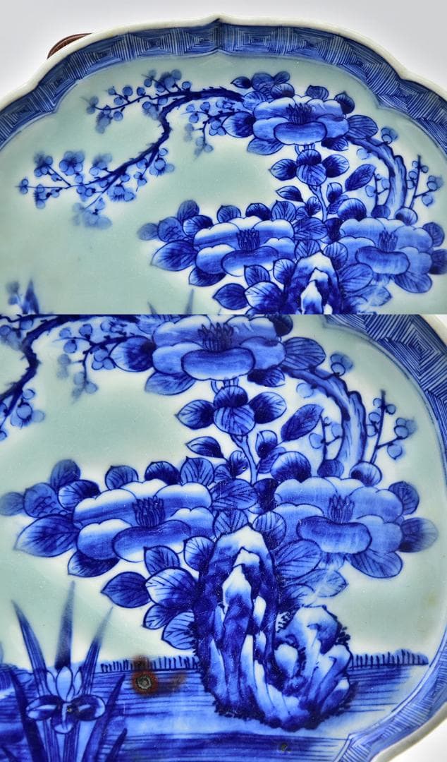 時代年代物 古伊万里 染付 変形皿 花鳥図 仕覆 合わせ箱 有田焼 伊万里焼