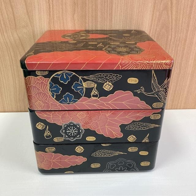 【美品】名店白木屋◇漆器◇重箱三段重◇天然木◇錦絵