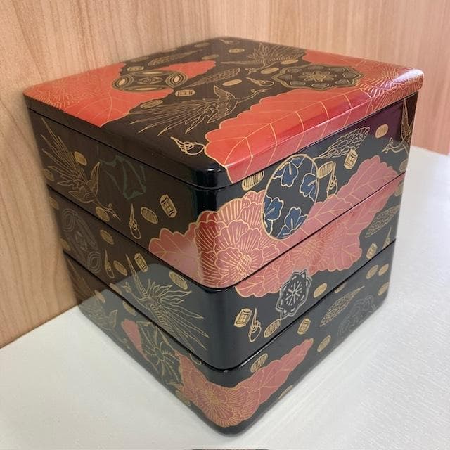 【美品】名店白木屋◇漆器◇重箱三段重◇天然木◇錦絵