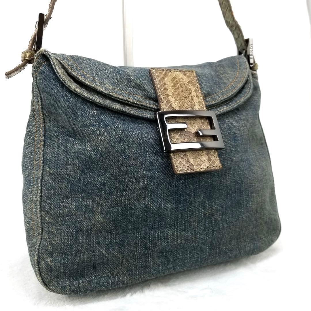 FENDI マンマバケット デニム×パイソン ショルダーバッグ　ミリタリグリーン