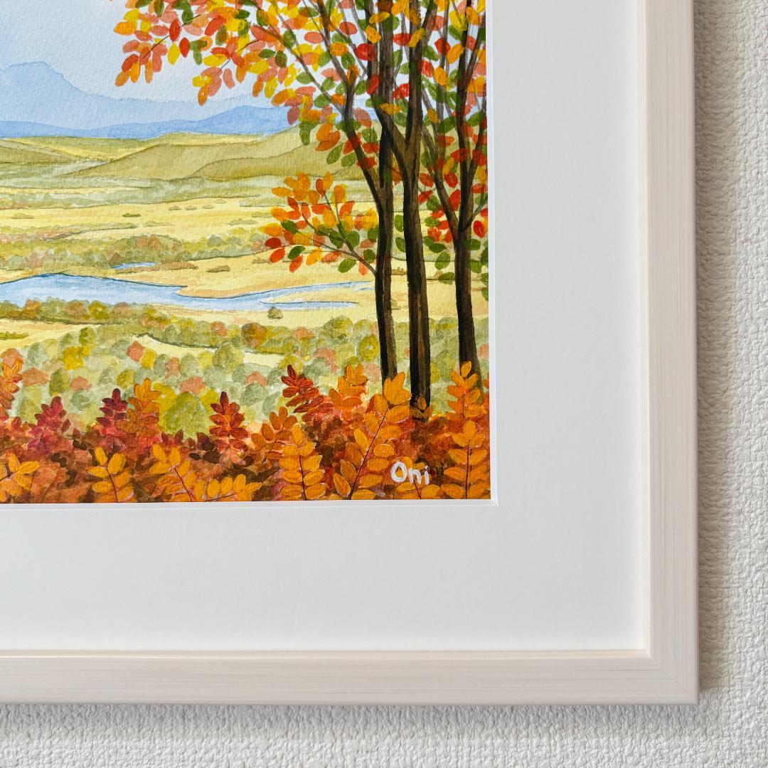 透明水彩画　原画　「釧路湿原・秋01」額縁付き　F4サイズ　風景画