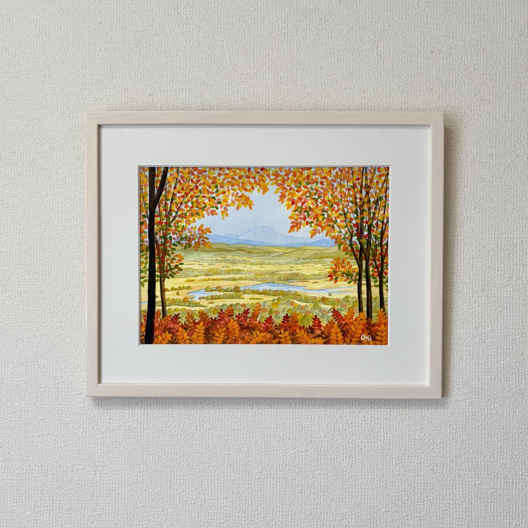 透明水彩画　原画　「釧路湿原・秋01」額縁付き　F4サイズ　風景画