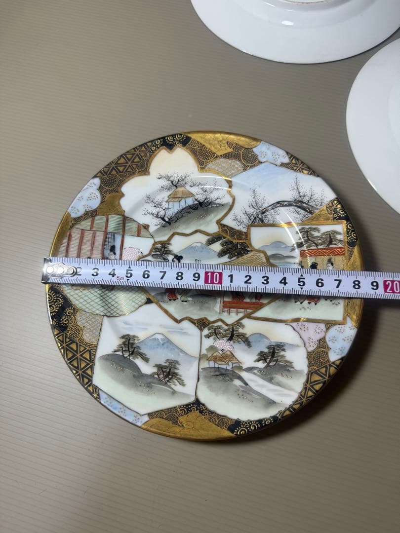 2132 明治時期　九谷焼　加賀亀田製　金彩  赤絵 人物文　皿　5客　時代物