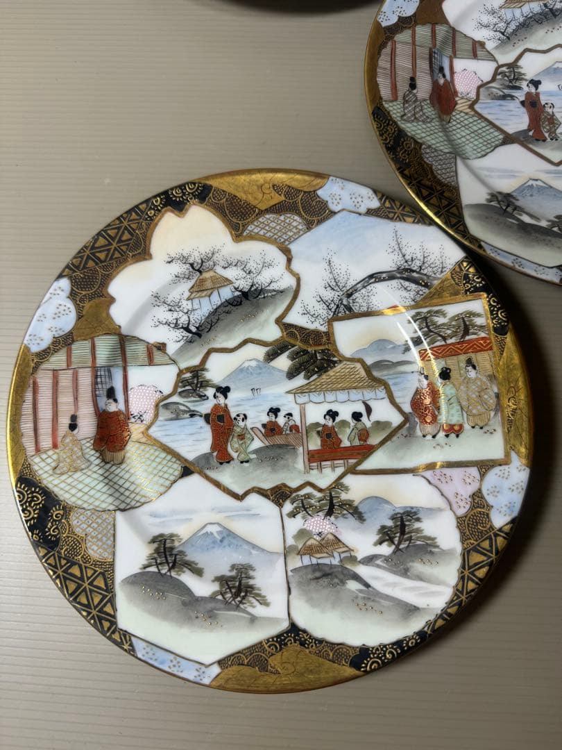2132 明治時期　九谷焼　加賀亀田製　金彩  赤絵 人物文　皿　5客　時代物
