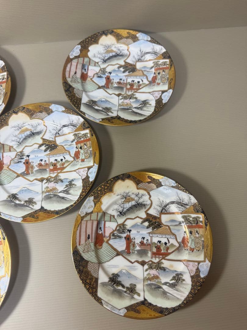 2132 明治時期　九谷焼　加賀亀田製　金彩  赤絵 人物文　皿　5客　時代物