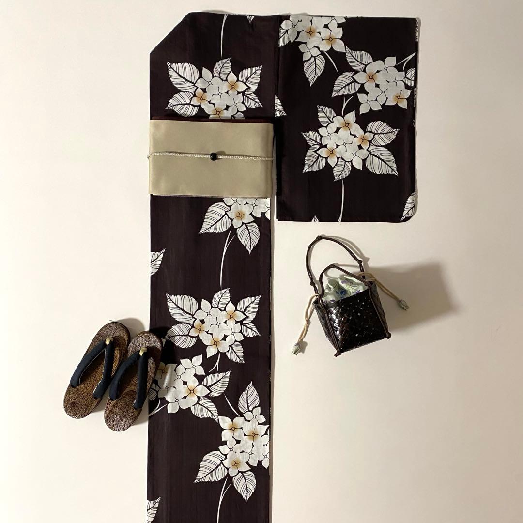 【浴衣4点セット】浴衣　半幅帯　かごバッグ　下駄　あじさい　紫陽花　焦茶　夏日記