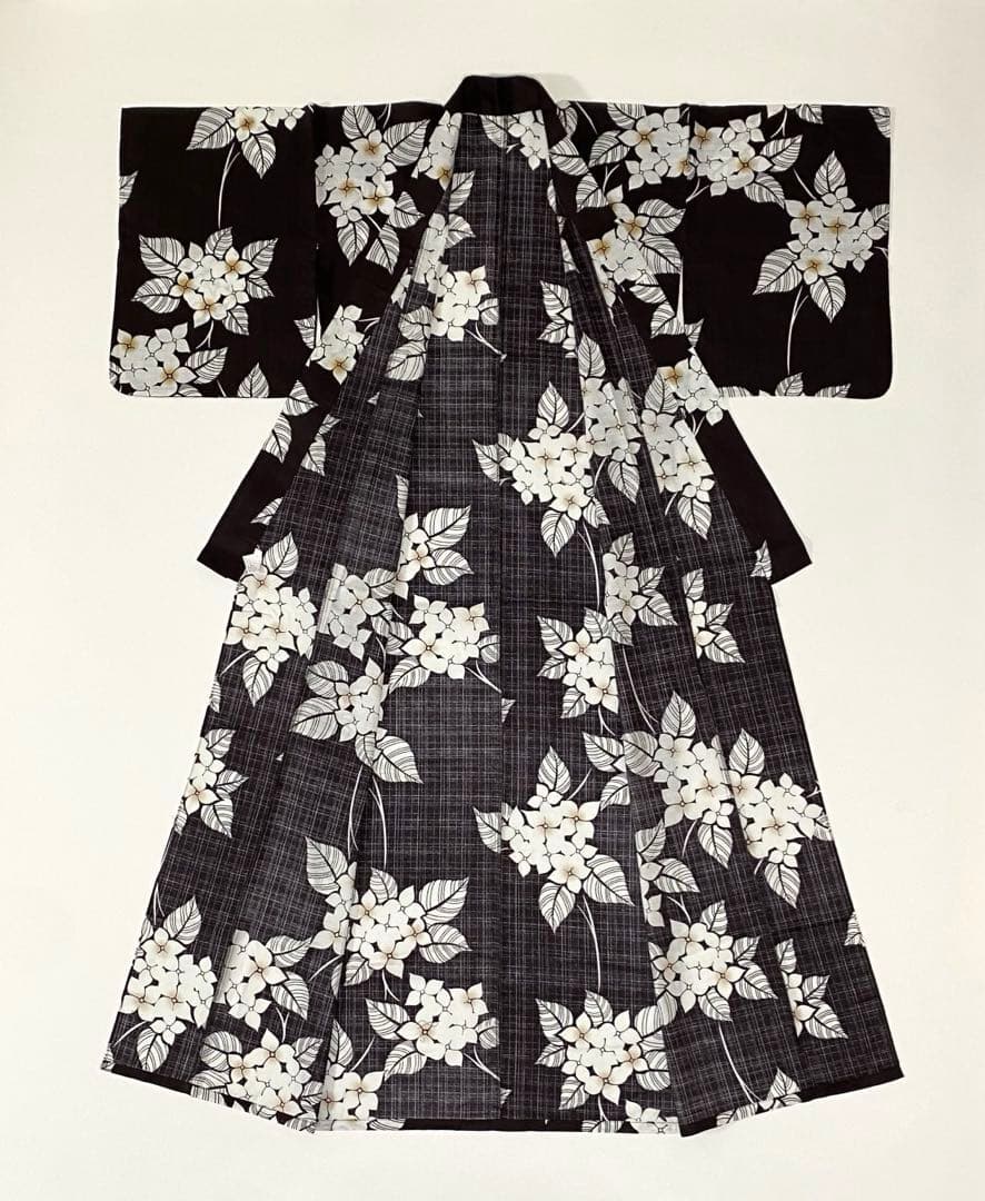 【浴衣4点セット】浴衣　半幅帯　かごバッグ　下駄　あじさい　紫陽花　焦茶　夏日記