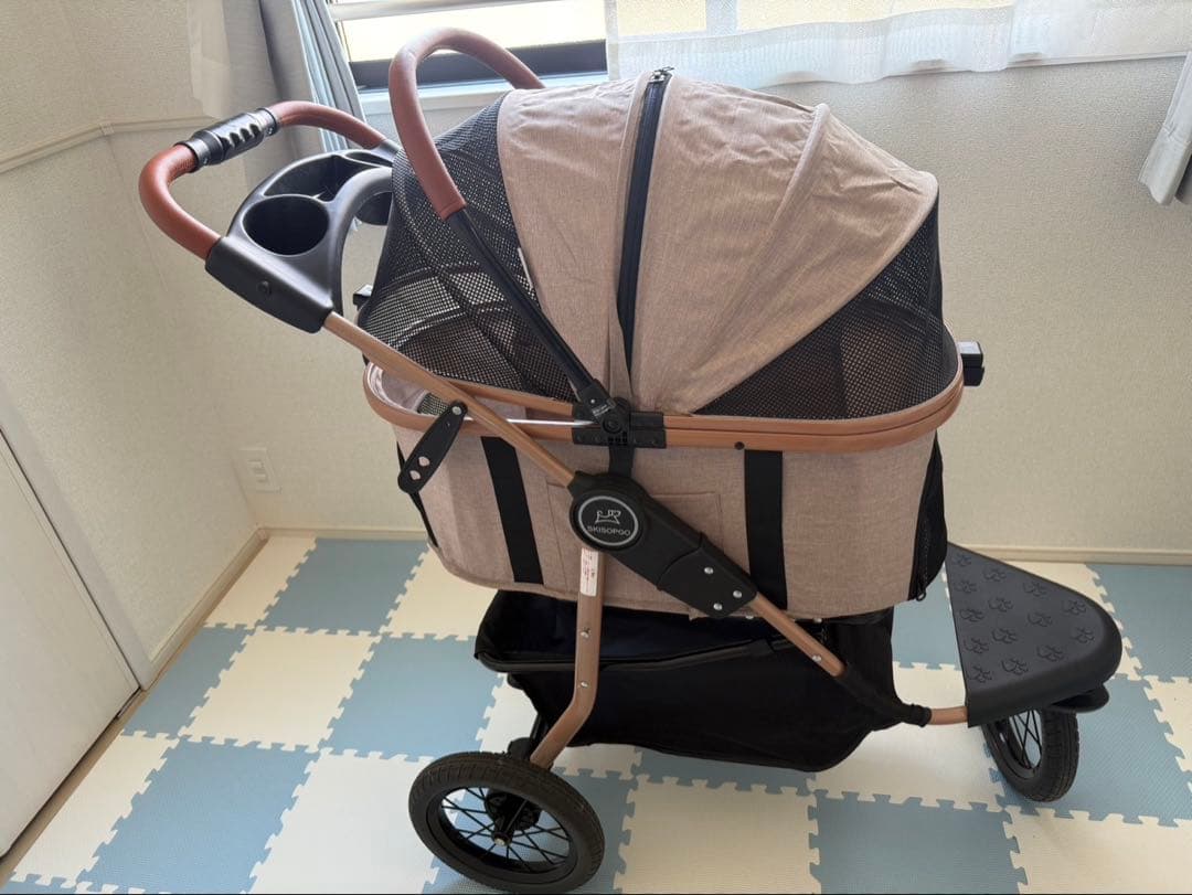 ベージュペットカート メッシュ素材 カップホルダー付き