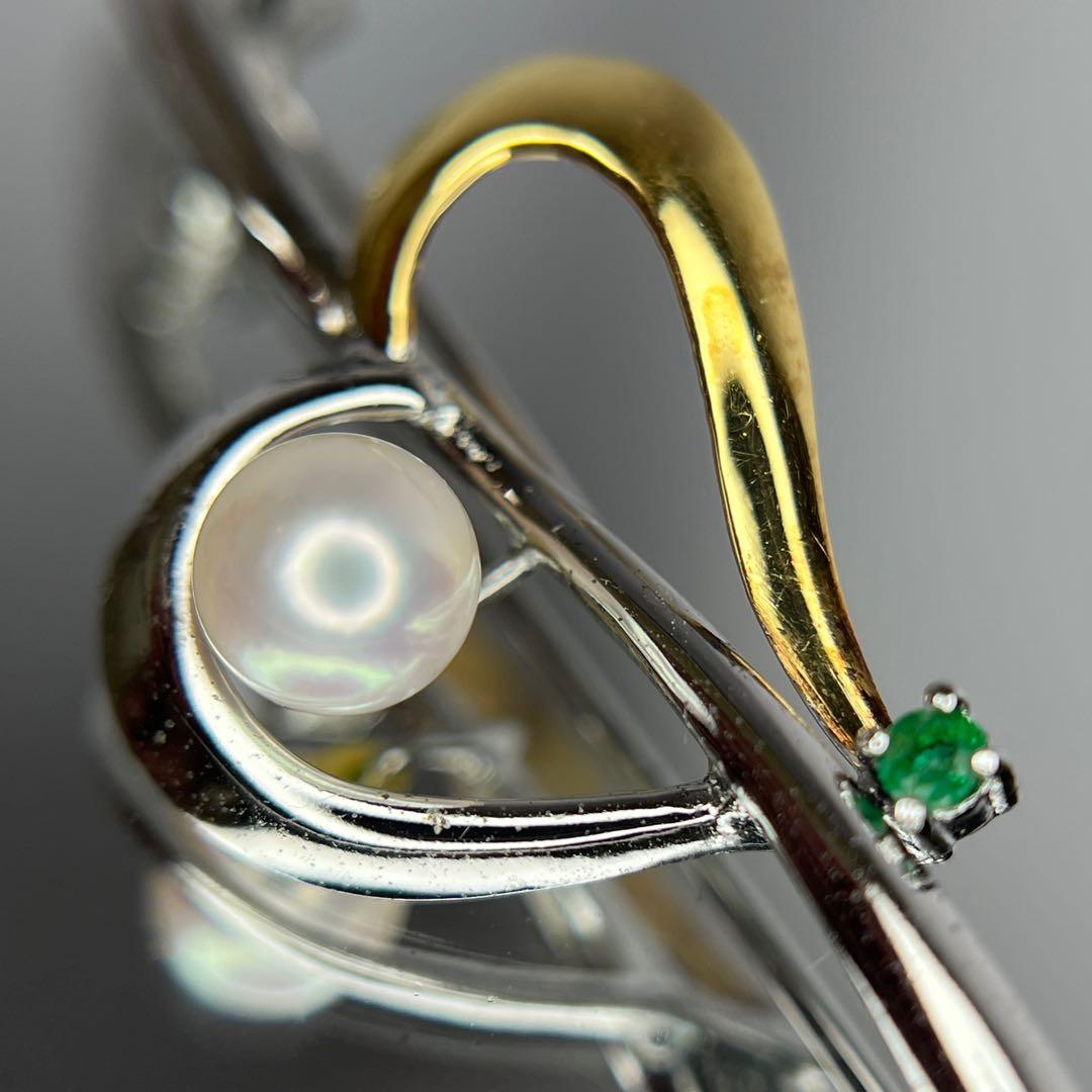 K18ゴールド+シルバー+天然海水真珠パールakoyaあこや+エメラルドブローチ