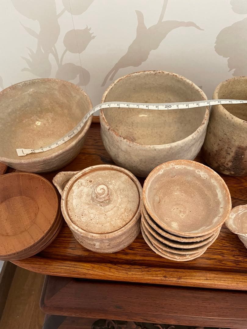 未使用　萩焼　茶道具セット 20点 陶器・木製茶托　 おぼん　トレイ　まとめ売り