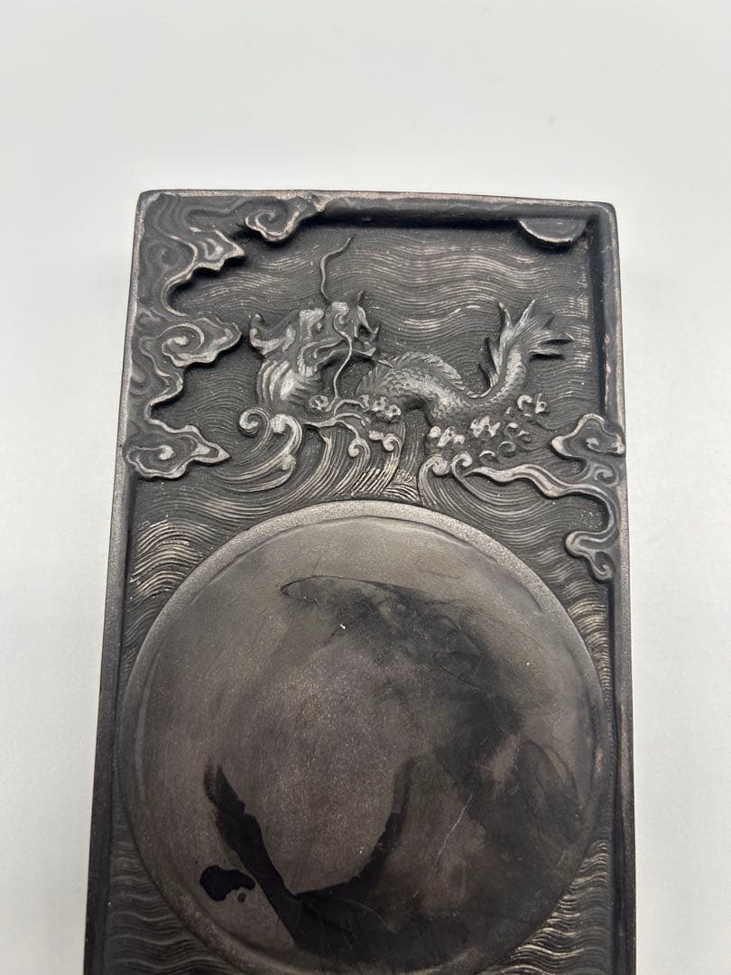 【骨董品】中国古硯　波と龍の彫刻 硯箱