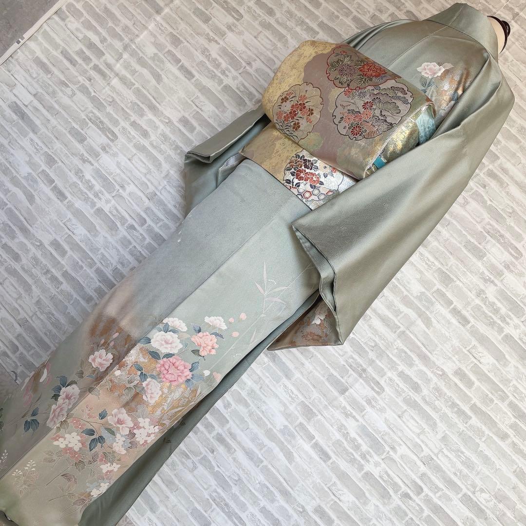 訪問着+長襦袢　フルセット　四季草花　綸子　繊細な中の豪華さ　金彩加工　H5