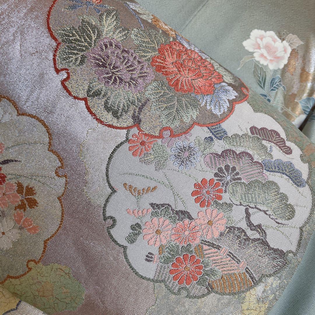 訪問着+長襦袢　フルセット　四季草花　綸子　繊細な中の豪華さ　金彩加工　H5