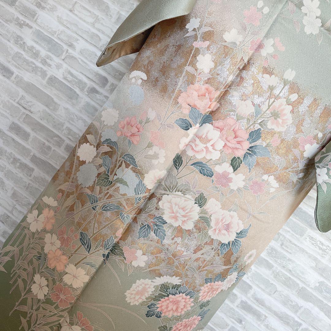 訪問着+長襦袢　フルセット　四季草花　綸子　繊細な中の豪華さ　金彩加工　H5