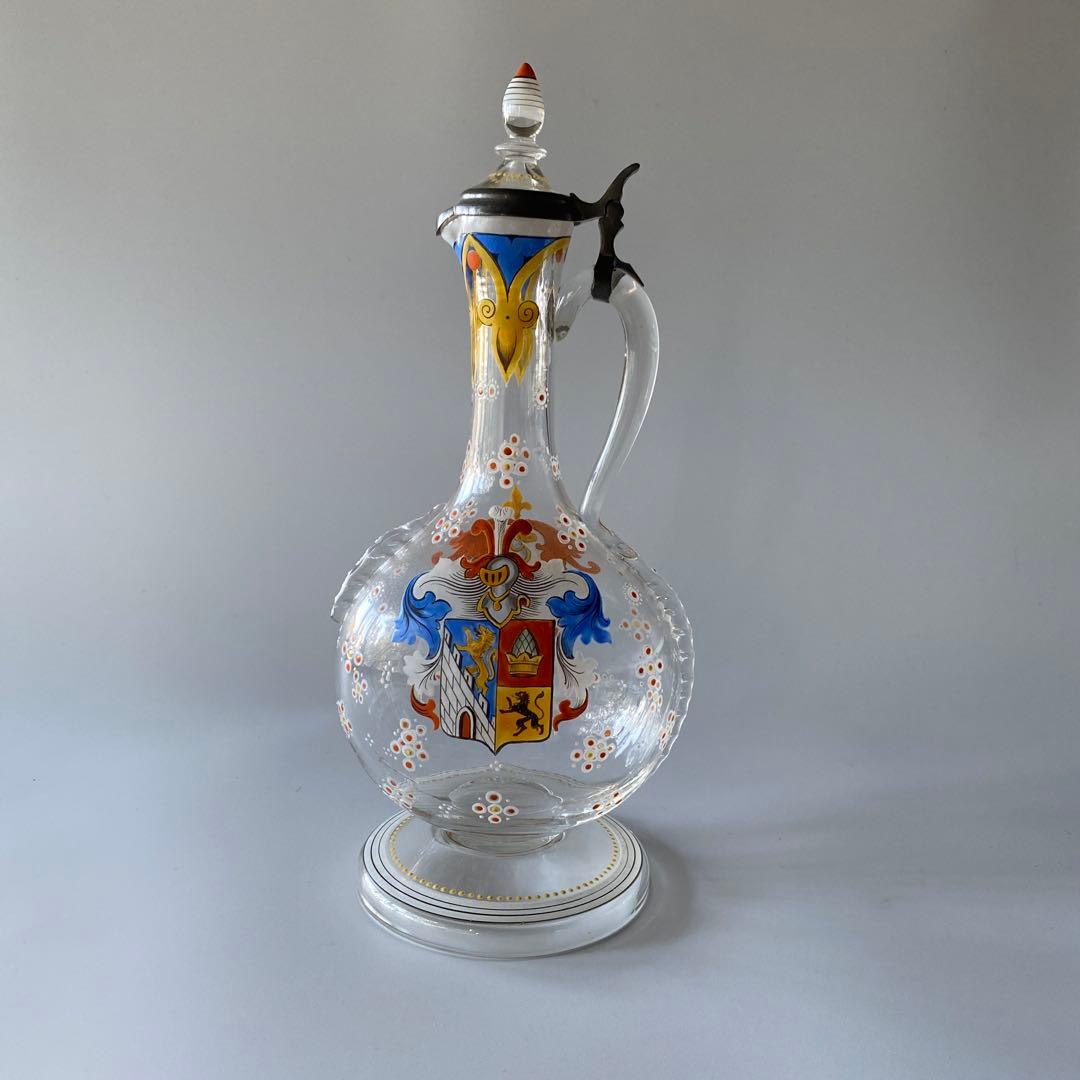 18世紀末 ドイツ 紋章入り エナメル彩ガラス デキャンタ 蓋付