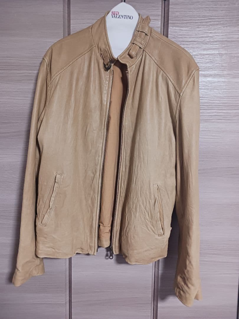 acoustic ベージュ レザーシングルライダースジャケット M