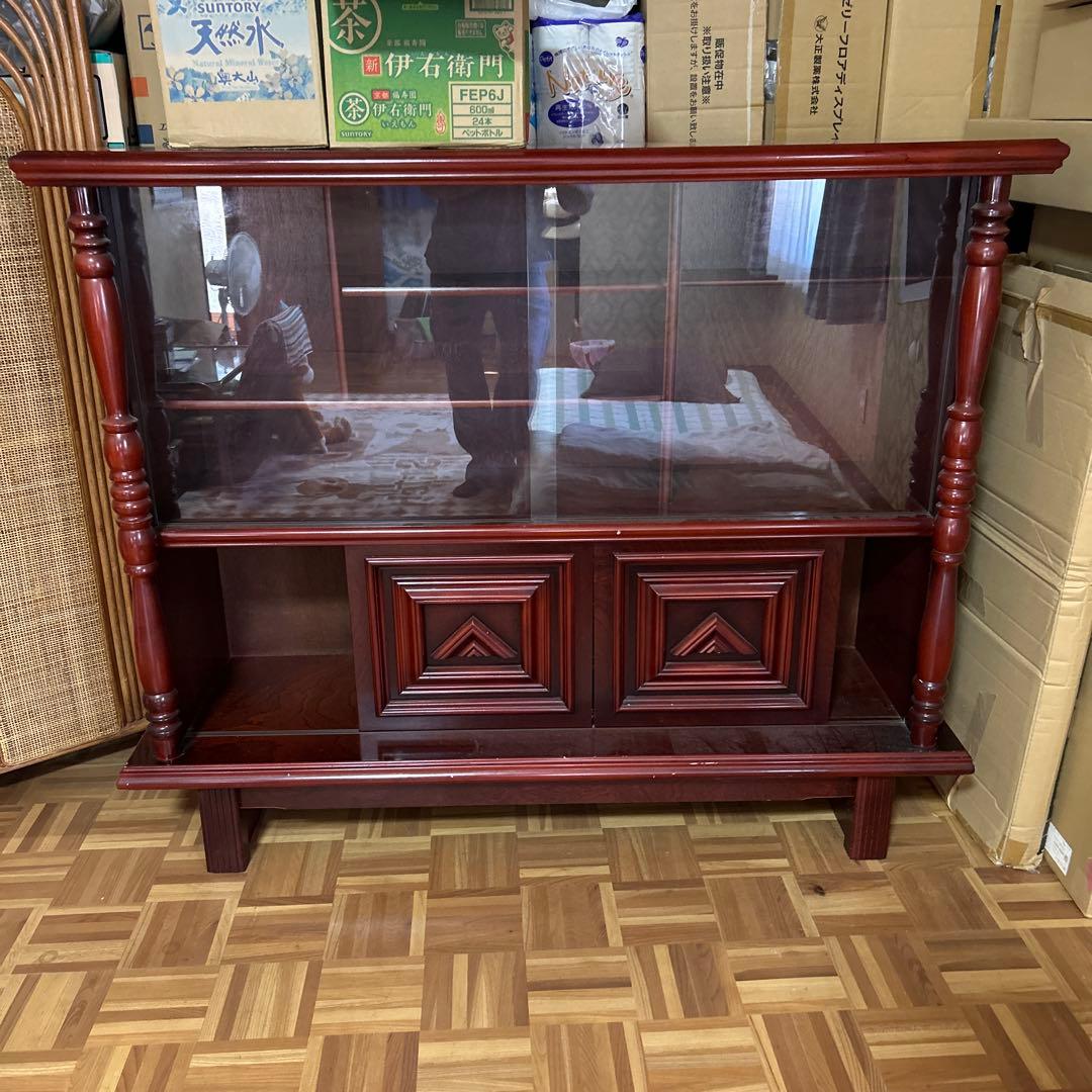 木製ガラス扉キャビネット 引き出し付き