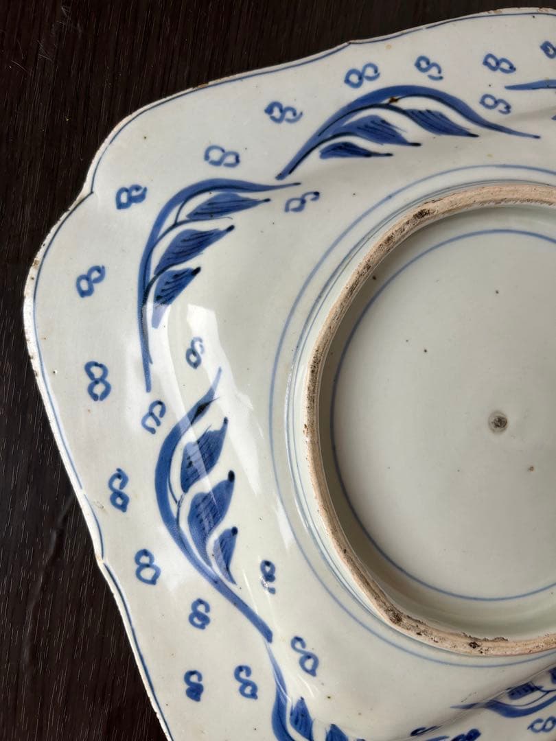 古伊万里 染付 ベロ藍 銘有 八角皿 唐草模様 山水楼閣 松絵 九谷 飾り皿