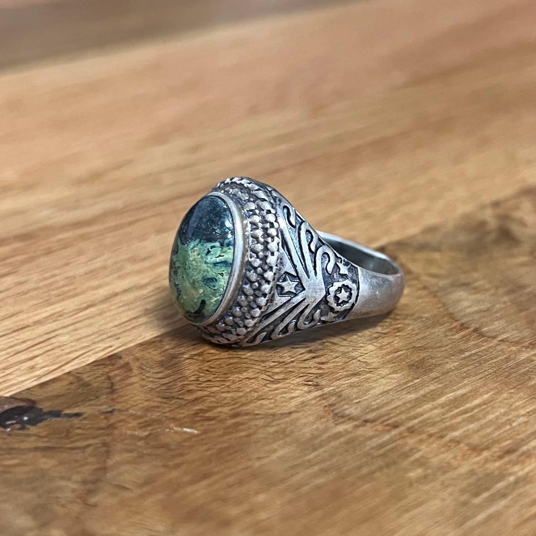 シルバー925 ターコイズ＆アールヌーボー調彫刻 シグネットリング