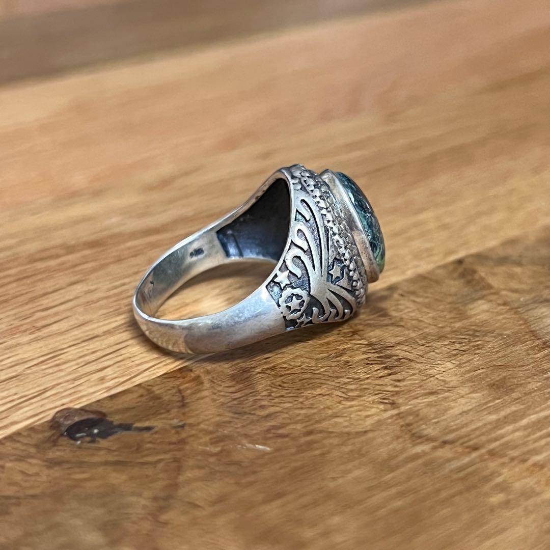 シルバー925 ターコイズ＆アールヌーボー調彫刻 シグネットリング
