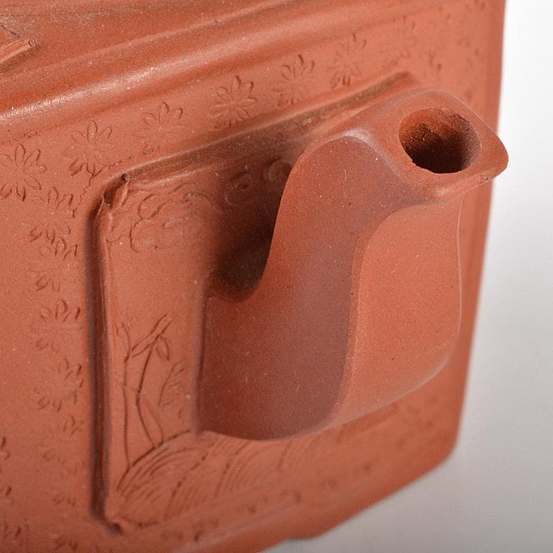 中国　紫砂　朱泥　山水人物神獣文　四方急須　茶壷　在銘　C　R6149