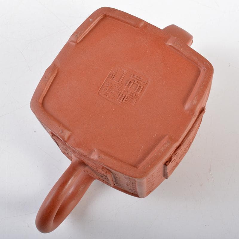 中国　紫砂　朱泥　山水人物神獣文　四方急須　茶壷　在銘　C　R6149