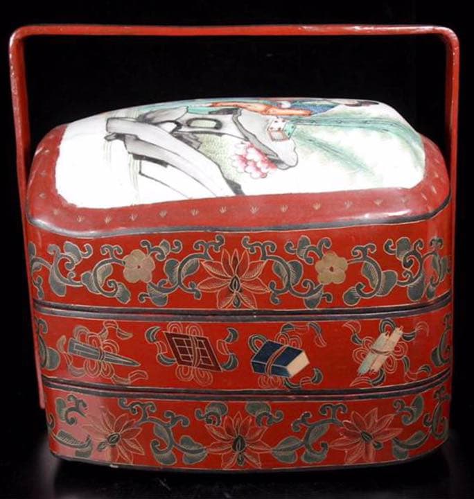 堤藍　シノワズリ　陶器蓋　唐物　本木製　漆工芸　お月見　節句　重箱　茶道具　野点