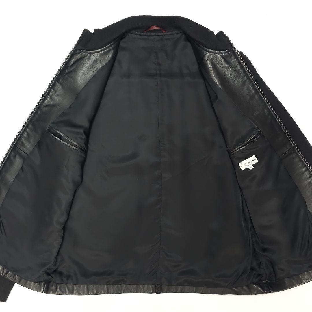 ポールスミス☆レザーシングルライダースジャケット袖切り替えニットMブラック牛革