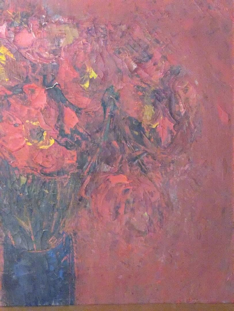 【真作】絵画　油彩4号　情熱の赤に咲く花束　力強いマチエールの一枚　Y101