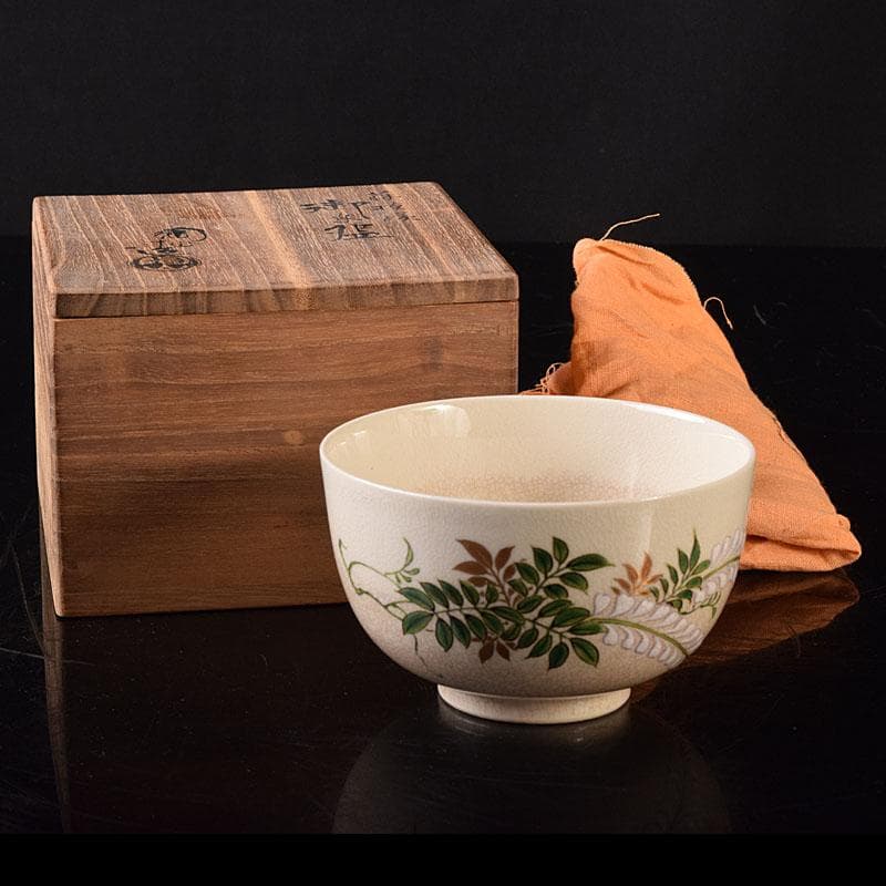 茶道具　京焼　伊東陶山造　色絵　藤模様　茶碗　共布共箱　V　R8118