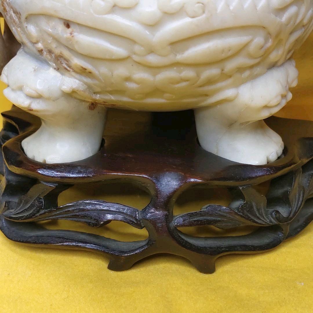 玉石彫刻 遊環香炉 木彫り台 共箱 石細工 アンティーク 旧家蔵出 風水グッズ