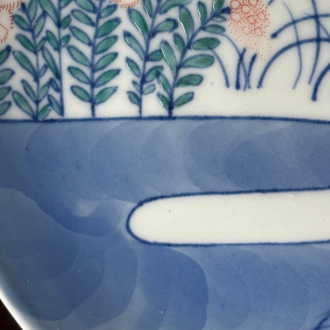 後期鍋島　色鍋島　色絵霞秋草文皿　萩　撫子　桔梗　菊　秋草　納箱付　19.3cm