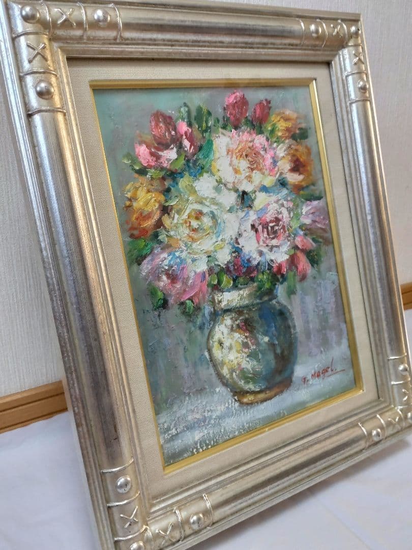 油絵　薔薇　肉筆　額装　油彩画