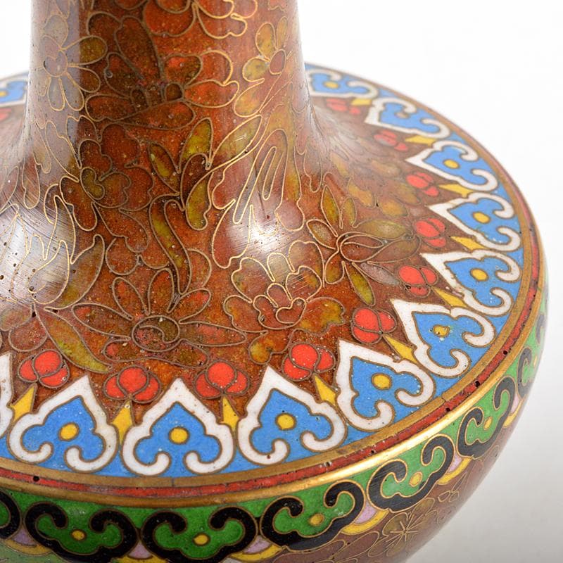 中国　古七宝琺瑯彩　鶴文瓶　扇子文盤　花瓶　皿　2点まとめて　M　R5802