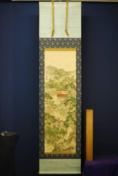 真作/大澤熊嶂/青緑蘭亭曲水図/布袋屋掛軸HD-138