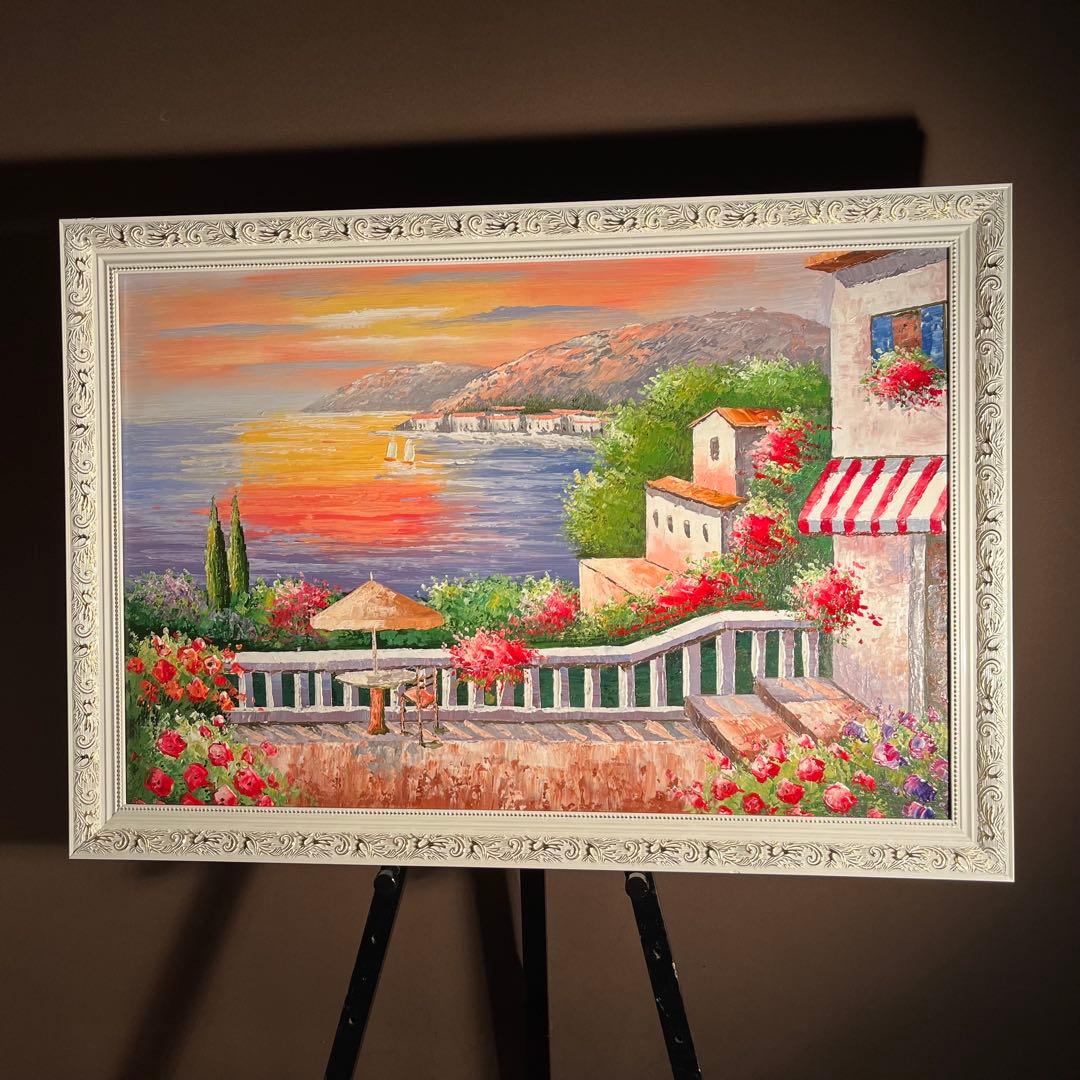 ★特大秀作★ 手書き油絵 地中海の風景 肉筆絵画 額付き インテリア 油彩画