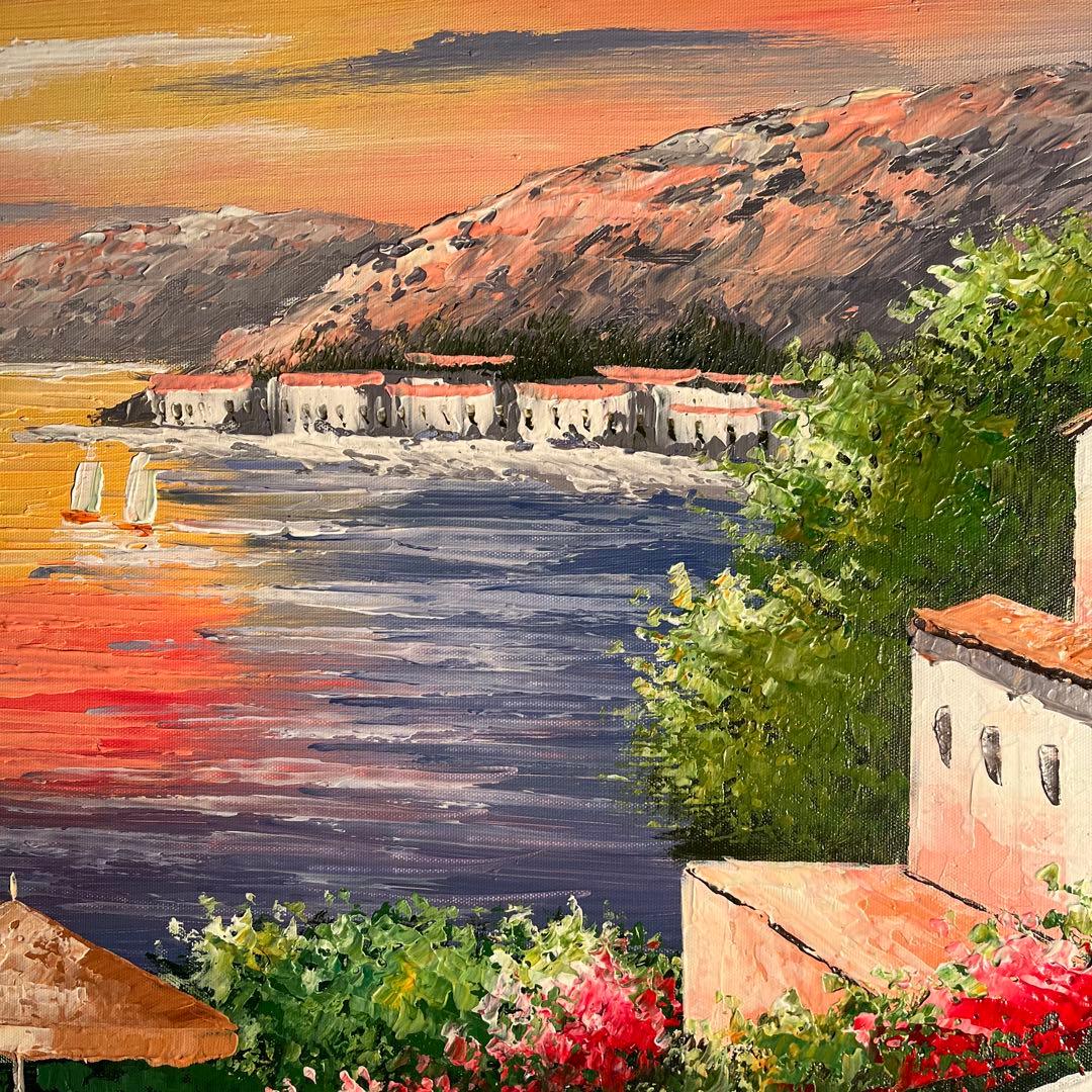 ★特大秀作★ 手書き油絵 地中海の風景 肉筆絵画 額付き インテリア 油彩画