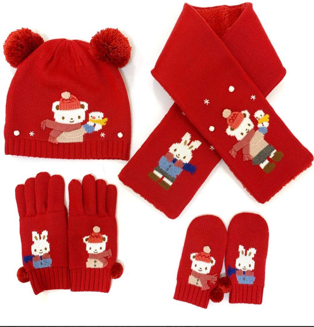 新品未使用　ファミリア　familiar クマ耳付きニット帽　赤　ファミちゃん