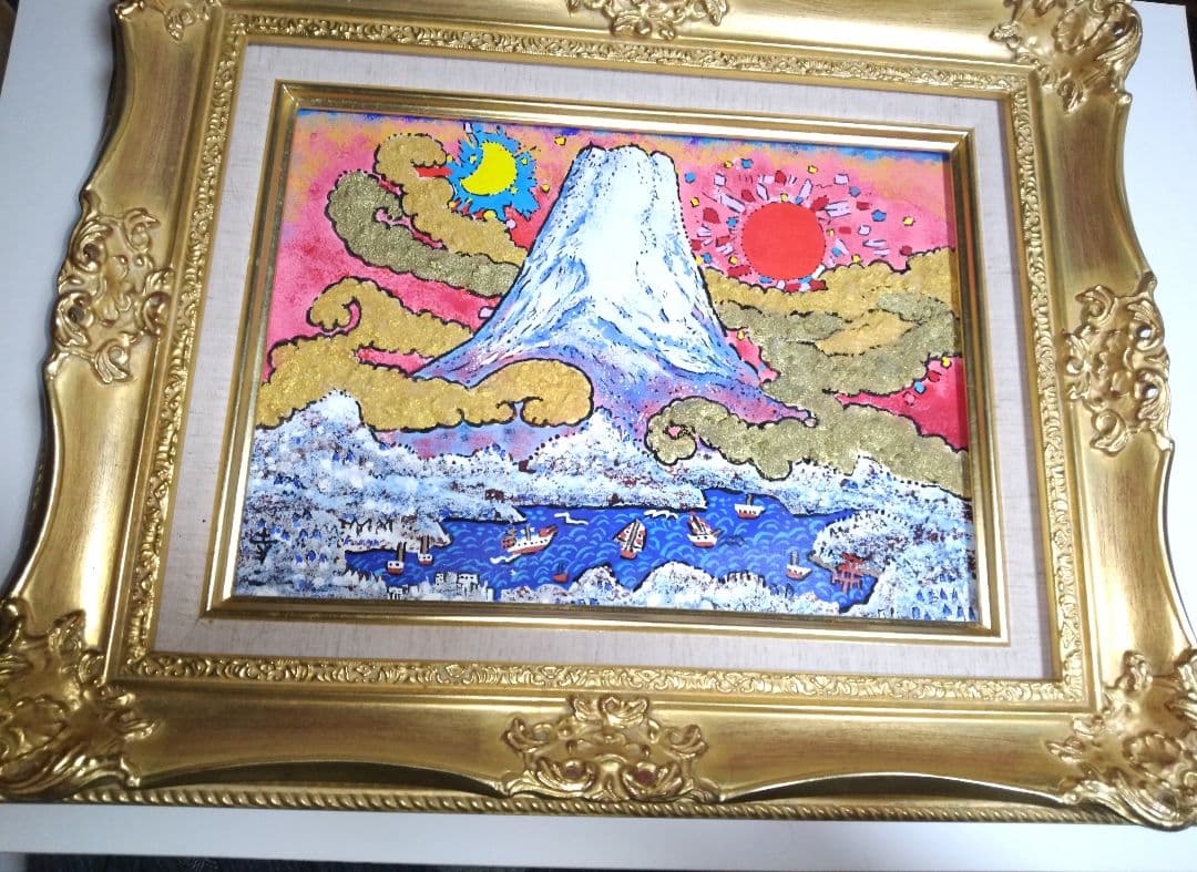 絹谷幸二、絵画油彩画4号、日月山上雲中富嶽、肉筆、新品額縁、片岡球子、東郷青児。