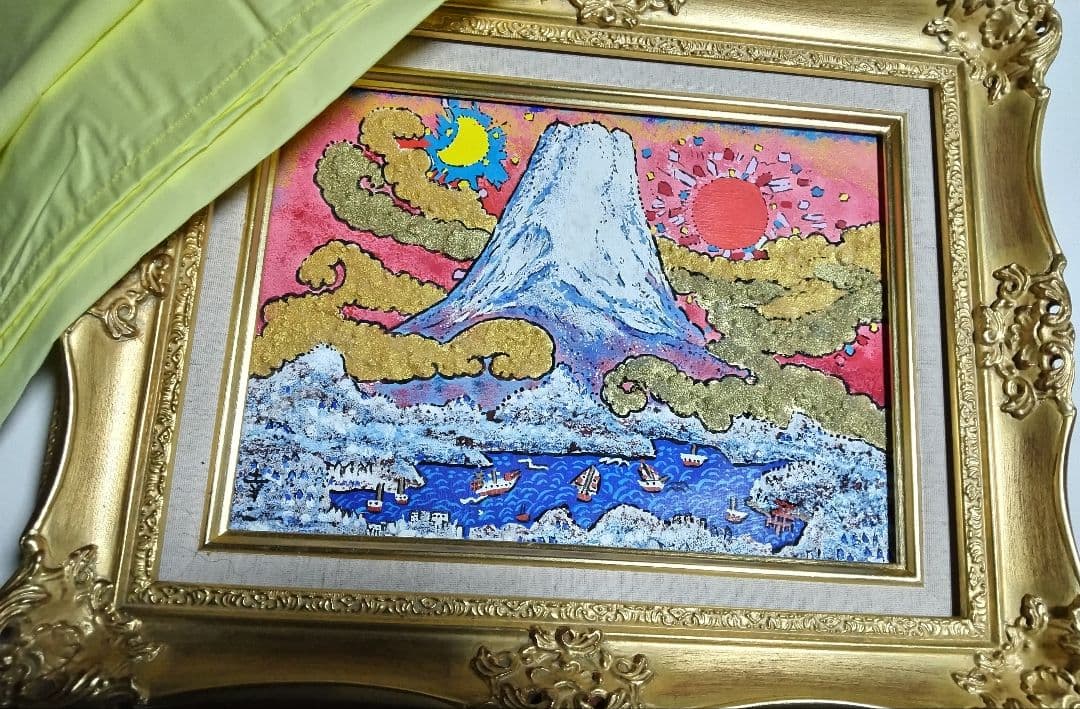絹谷幸二、絵画油彩画4号、日月山上雲中富嶽、肉筆、新品額縁、片岡球子、東郷青児。