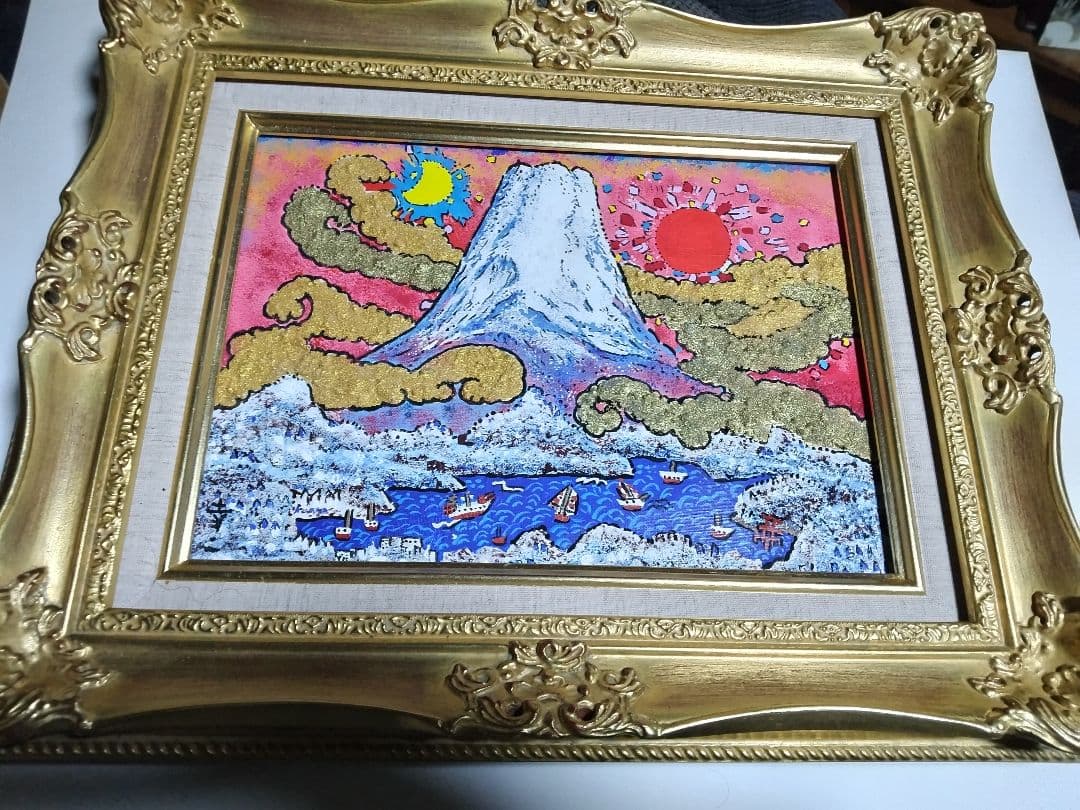 絹谷幸二、絵画油彩画4号、日月山上雲中富嶽、肉筆、新品額縁、片岡球子、東郷青児。